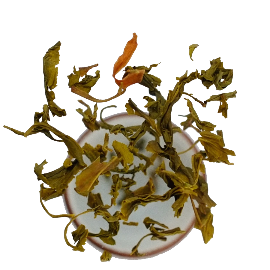 zelený čaj s magnólií, který padá do šálku. Kvalitní zelený čaj z Dobré Čajovny.