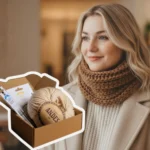 Tvořivá sada na pletený nákrčník pro začátečníky, kompletní sada na pletení, DIY box a blonďatá slečna s nákrčníkem