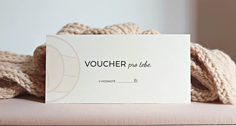 Produktová fotka voucheru od Knitters & Coffe, v pozadí je upletená šála