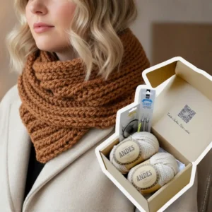 Tvořivá sada na pletenou šálu pro začátečníky, kterou si slečna sama upletla, blondýna s hnědou šálou a DIY Box