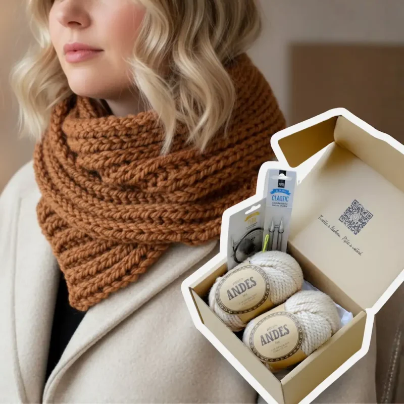 Tvořivá sada na pletenou šálu pro začátečníky, kterou si slečna sama upletla, blondýna s hnědou šálou a DIY Box
