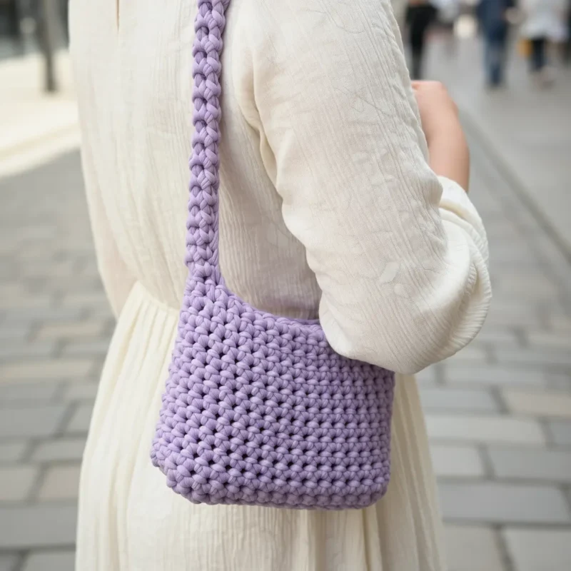 Paní v bílých šatech má přes rameno fialovou háčkovanou kabelku ze šňůry bobilon medium