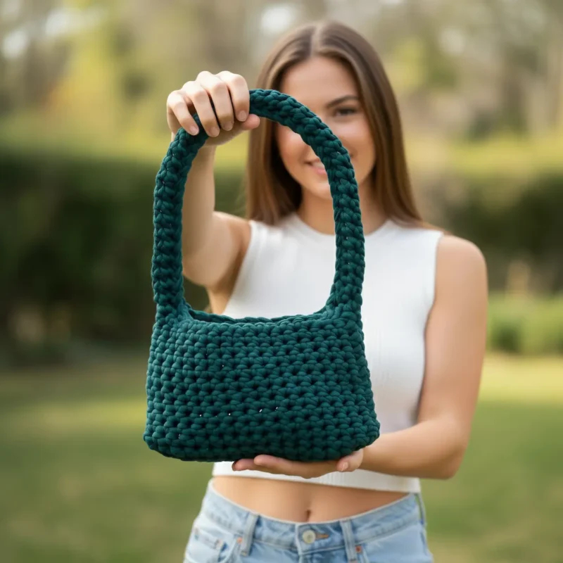 Slečna v rukou drží zelenou háčkovanou kabelku