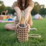 Fotka háčkovaného nosiče s vínem v parku