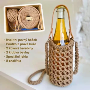 Háčkovací sada pro začátečníky na háčkovaný nosič na lahev hnědé barvy