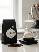 výběrová káva traffikant pražená na filtr, dripper V60 na váze a balíček zrn z olomouce