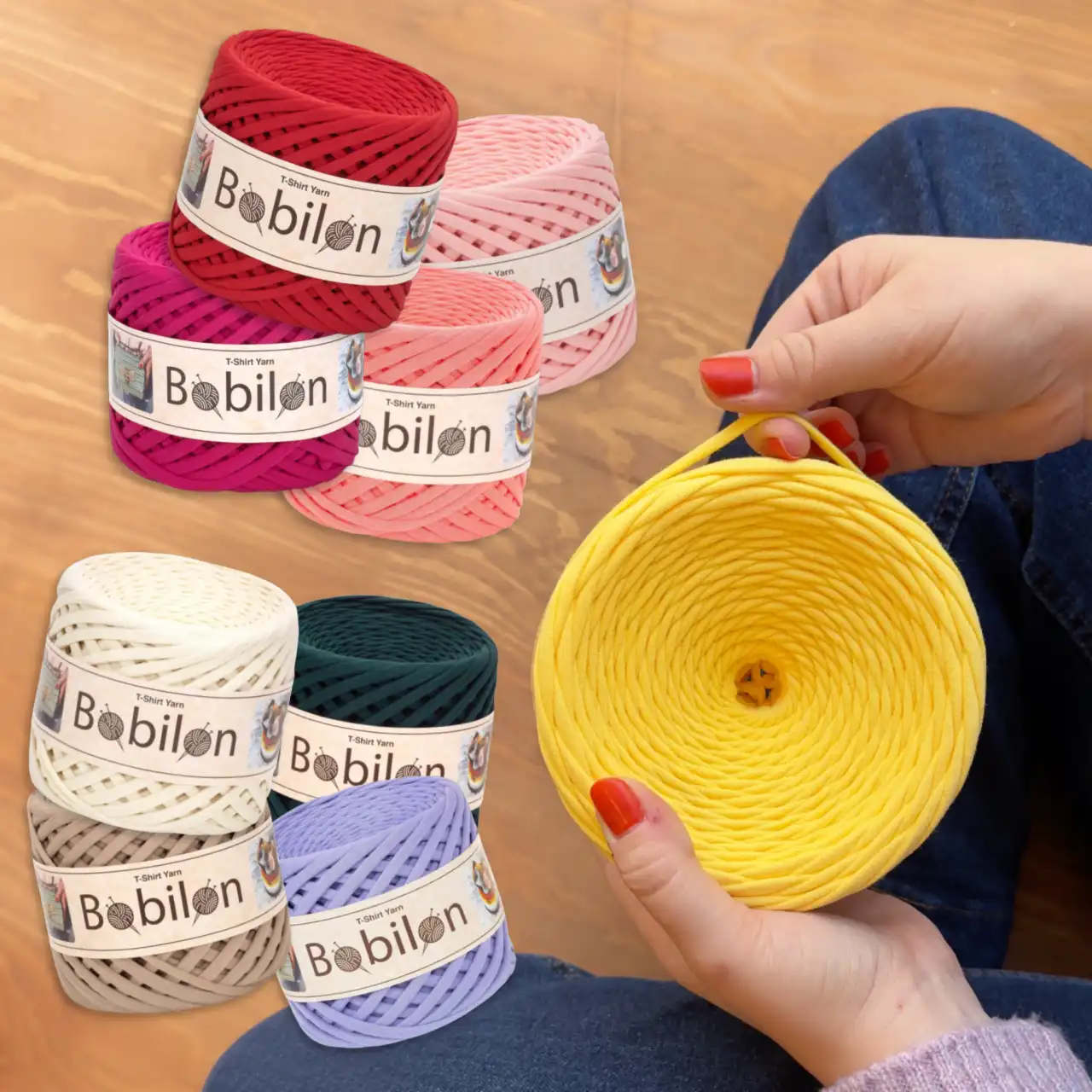 Barevná paleta šňůr Bobilon medium. Šňůra na háčkování kabelky.