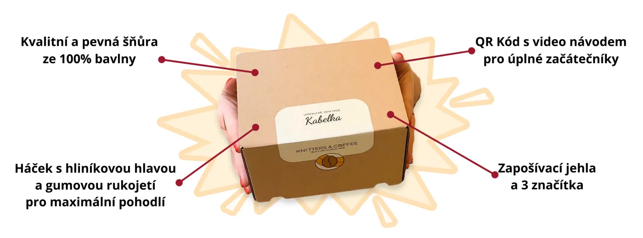 Háčkovací box na háčkovanou kabelku a její obsah. Šňůra bobilon, háček DROPS, zapošívací jehla a QR kod s video návodem pro začátečníky