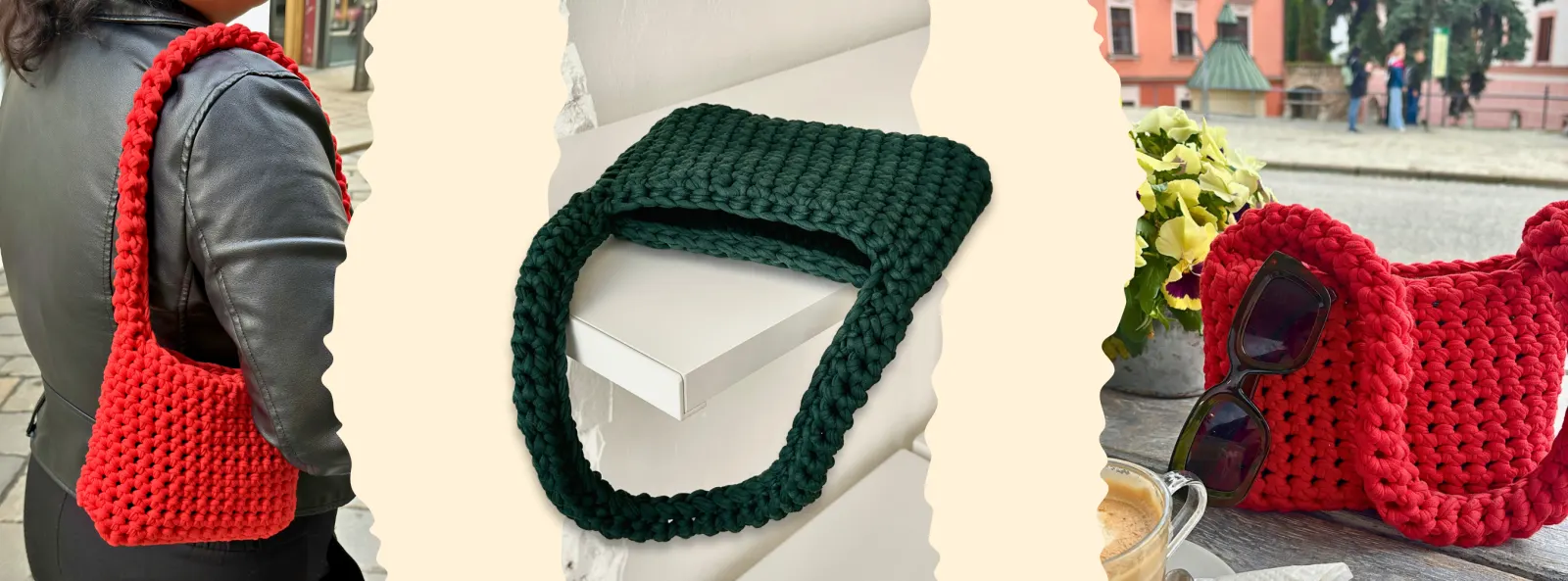 Červená a zelená háčkovaná kabelka