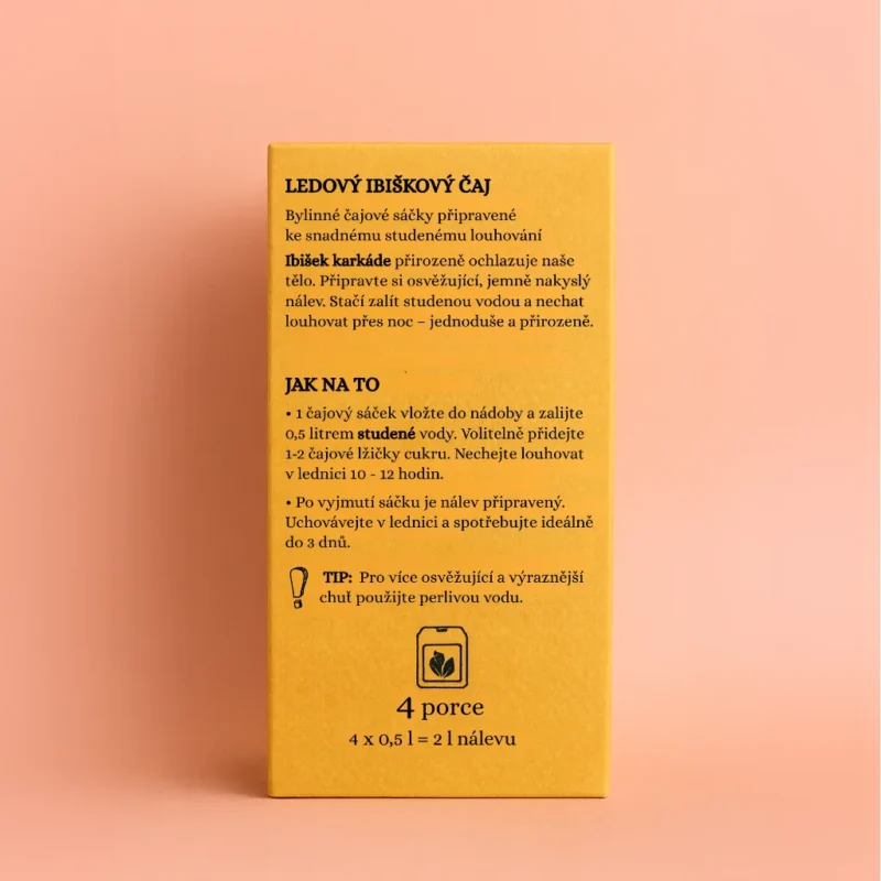 Krabička ledového ibiškového čaje ze zadní strany s instrukcemi k přípravě a složením