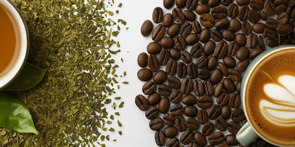 Kávová zrnka a sypaný zelený čaj vedle sebe