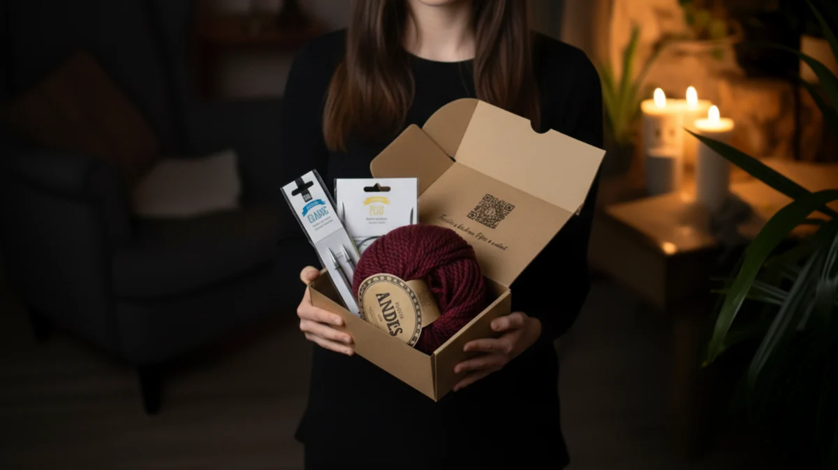 žena drží v ruce tvořivou sadu na pletení pro začátečníky, která učí začátky pletení