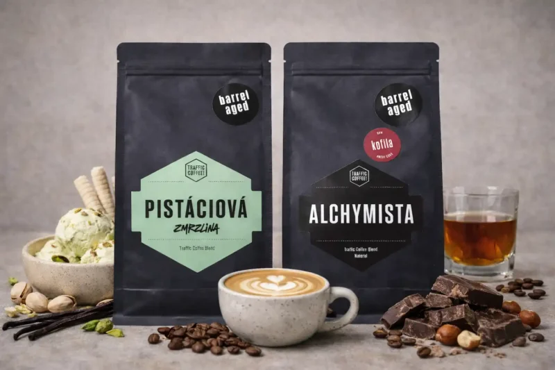 Sada dvou balíčků výběrovvé kávy na espresso z Olomoucké pražírny Traffic Coffee - Alchymista a Pistáciová zmrzlina
